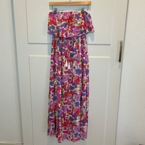 Japra Maxi Strapless Dress Floral Print Pink Purple White Size‎ S Boho Tropical